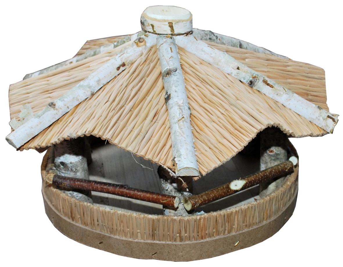 Futterhaus Aus Birkenholz Mit Strohdach, Rund 3 Futterhaus Aus Birkenholz Mit Strohdach, Rund